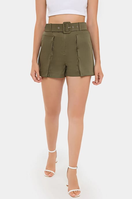Bomullshigh-waist shorts med ficka och bältesdetalj - Image 3