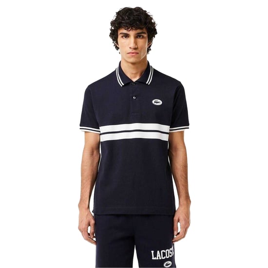 Lacoste Mens Striped Premium Cotton Polo Shirt (Black) - Image 1