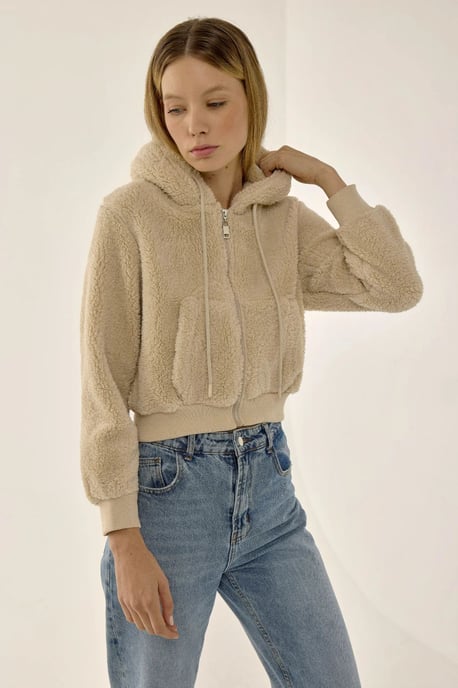 Plush Crop Jacket with Zipper Collar - Image 3