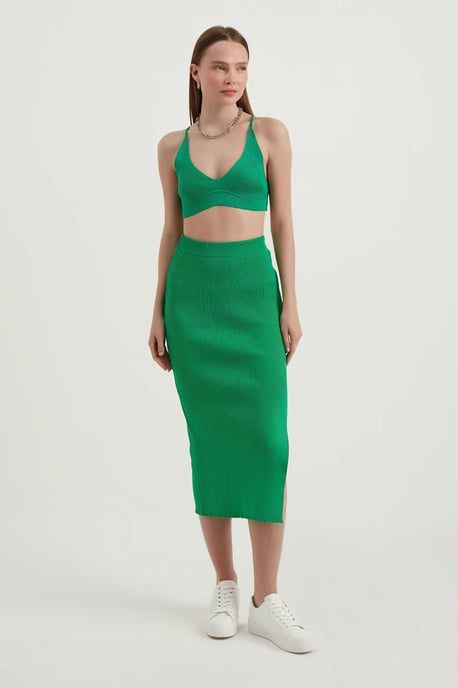 2 Pieces: V Neck Bodycon Crop Top & High Waist Maxi with a Side Slit - Image 1