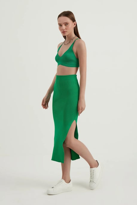 2 Pieces: V Neck Bodycon Crop Top & High Waist Maxi with a Side Slit - Image 3