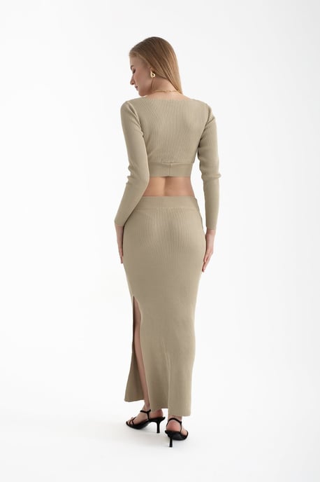 2 Stuks: V-hals Lange Mouw Crop Top & Hoge Taille Split Maxi Rok - Image 2