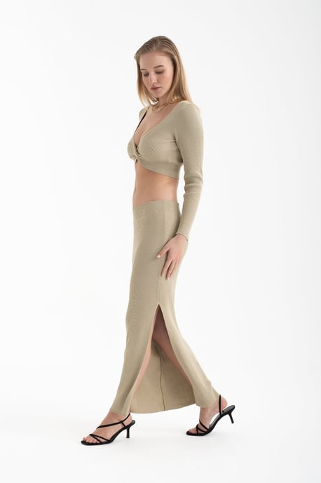 2 Stuks: V-hals Lange Mouw Crop Top & Hoge Taille Split Maxi Rok - Image 3