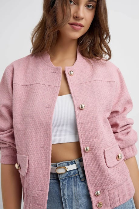 Tweed Round Neck Jacket with a Pocket Detail - Image 3