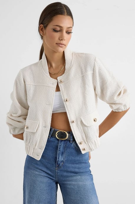 Tweed Round Neck Jacket with a Pocket Detail - Image 1