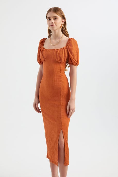 Sweetheart Neck Smocked Balloon Sleeves Midi Dress with a Side Slit - Image 2