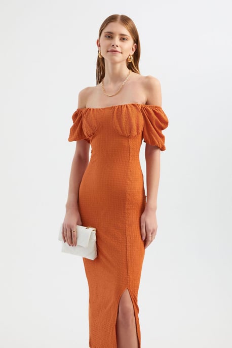 Sweetheart Neck Smocked Balloon Sleeves Midi Dress with a Side Slit - Image 3