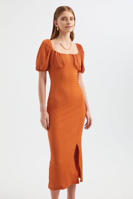 Sweetheart Neck Smocked Balloon Sleeves Midi Dress with a Side Slit - Image 4
