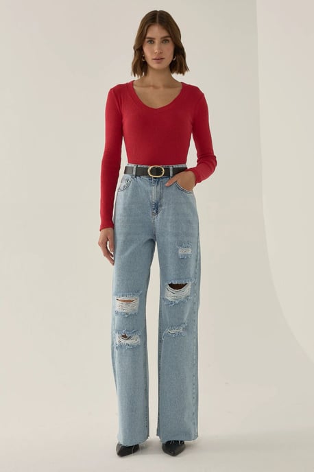 Ripped High Waist Wide Leg Denim Jeans - Image 1