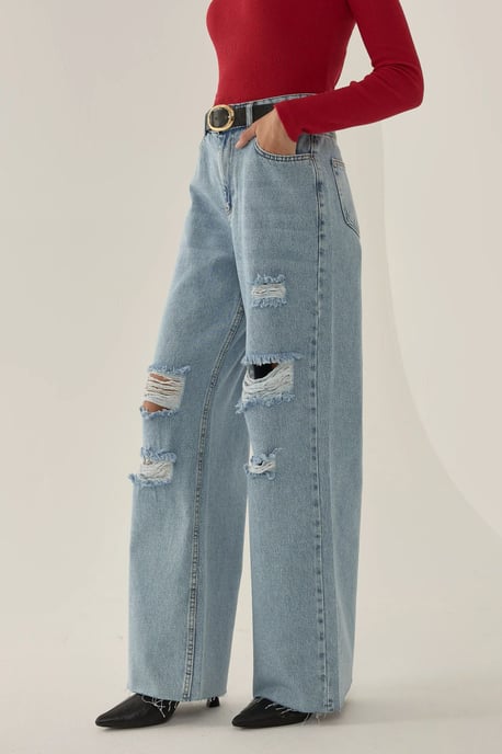 Ripped High Waist Wide Leg Denim Jeans - Image 3