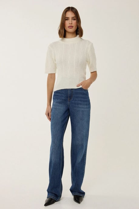 Short Sleeve Half Turtleneck Hair Braid Knit Sweater - Image 1