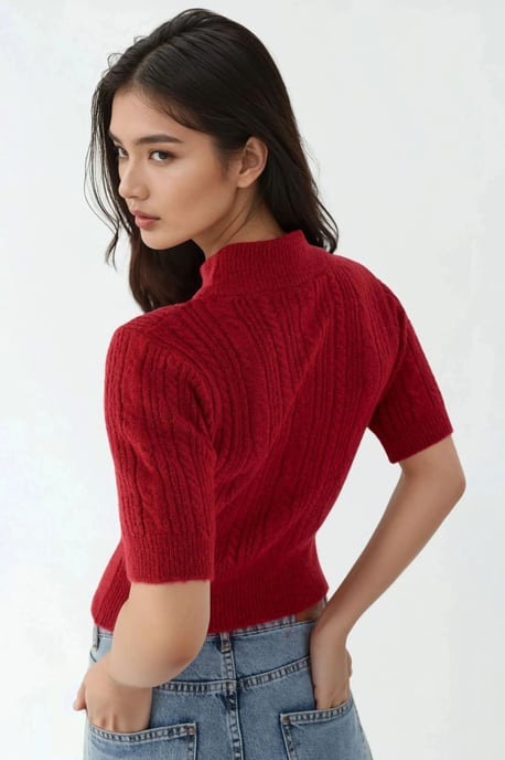 Short Sleeve Half Turtleneck Hair Braid Knit Sweater - Image 3