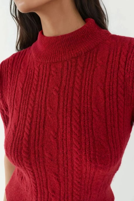 Short Sleeve Half Turtleneck Hair Braid Knit Sweater - Image 4