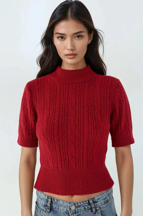 Short Sleeve Half Turtleneck Hair Braid Knit Sweater - Image 6