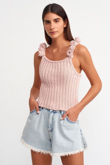 Skop Nack Strikkad Ribbad Ärmeless Topp med Blomdekoration - Image 2