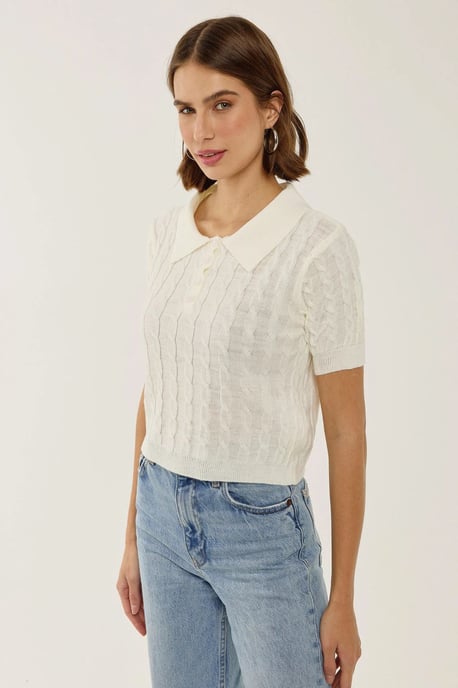 Shirt Collar Knit Top with Hair Braid Pattern - Image 3