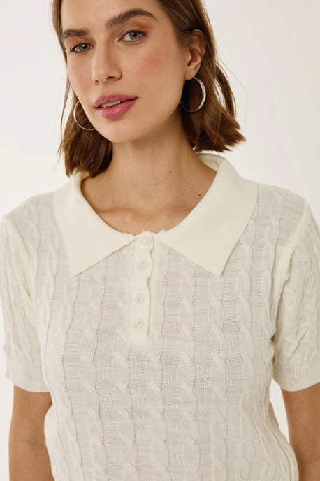 Shirt Collar Knit Top with Hair Braid Pattern - Image 4