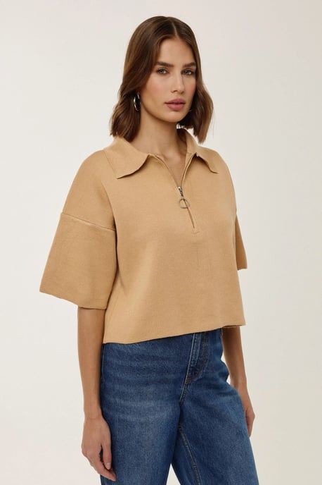 Knitted Zipper Collar Top - Image 3