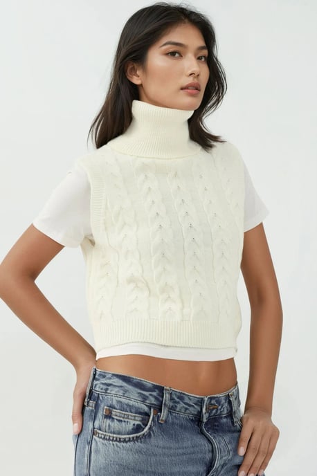 Turtleneck Knitwear Sweater Vest with Hair Braid Pattern - Image 2