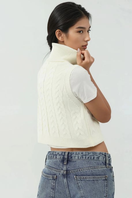 Turtleneck Knitwear Sweater Vest with Hair Braid Pattern - Image 3