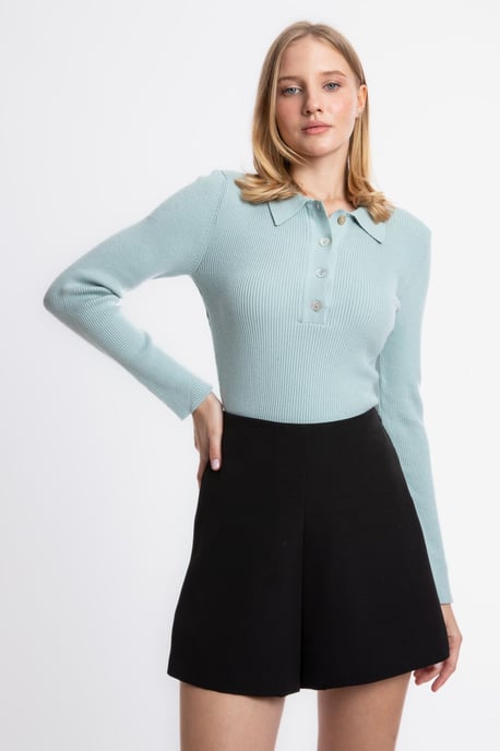 Solid Polo Collar Ribbed Casual Sweater - Image 1