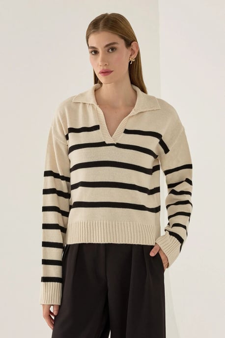 Striped Polo Collar Knit Sweater - Image 1