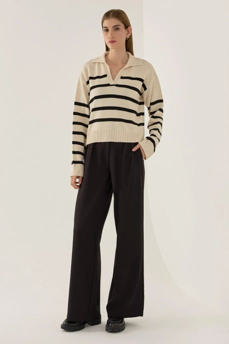 Striped Polo Collar Knit Sweater - Image 2