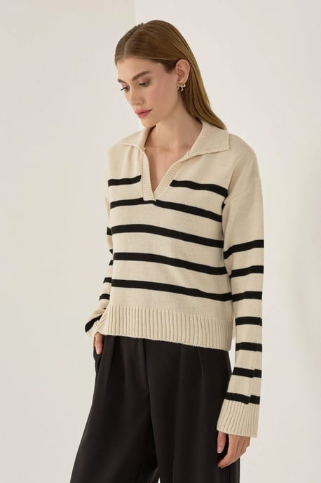 Striped Polo Collar Knit Sweater - Image 3