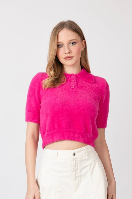 Shirt Collar Buttoned Short Sleeve Fluffy Sweater - Image 1