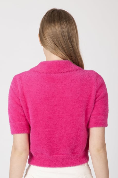 Shirt Collar Buttoned Short Sleeve Fluffy Sweater - Image 2