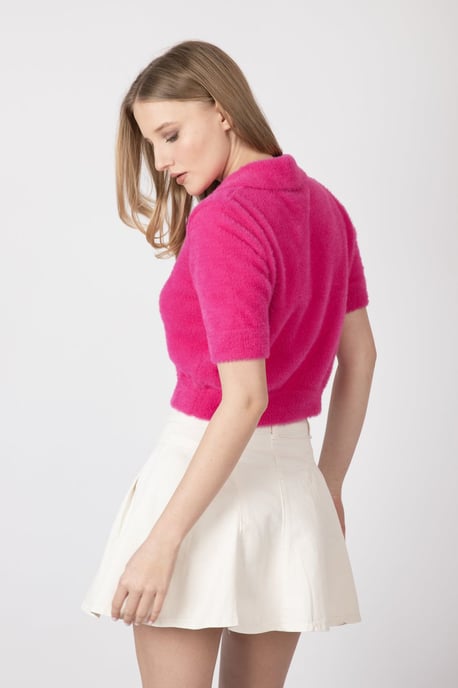 Shirt Collar Buttoned Short Sleeve Fluffy Sweater - Image 3