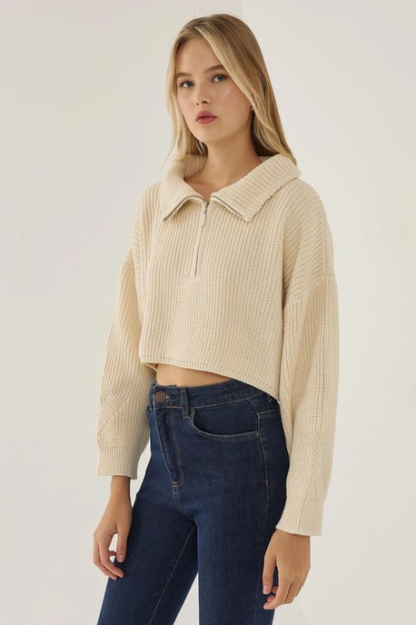 Zipper Collar Crop Sweater - Image 1