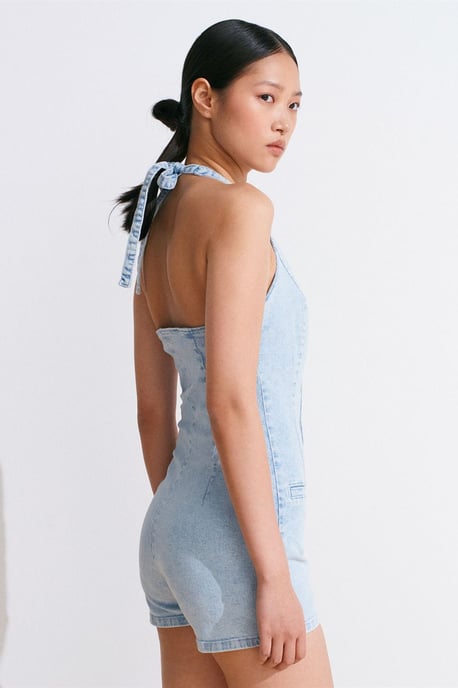 Slim Fit Denim Halter Jumpsuit - Image 2