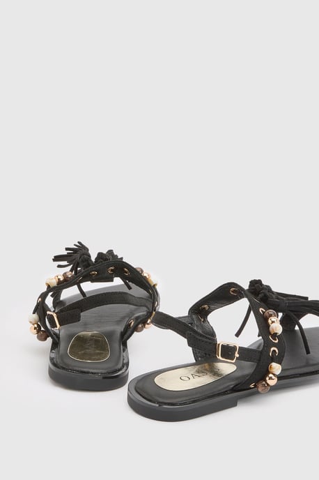 Tabi Faux Sued Tassel Trim Flat Sandals - Image 4