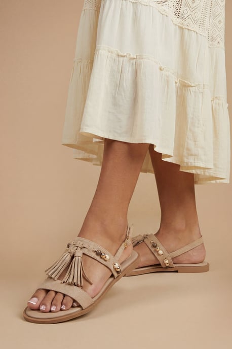 Tabi Faux Sued Tassel Trim Flat Sandals - Image 1