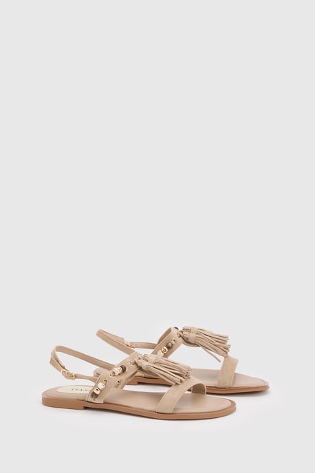 Tabi Faux Sued Tassel Trim Flat Sandals - Image 3
