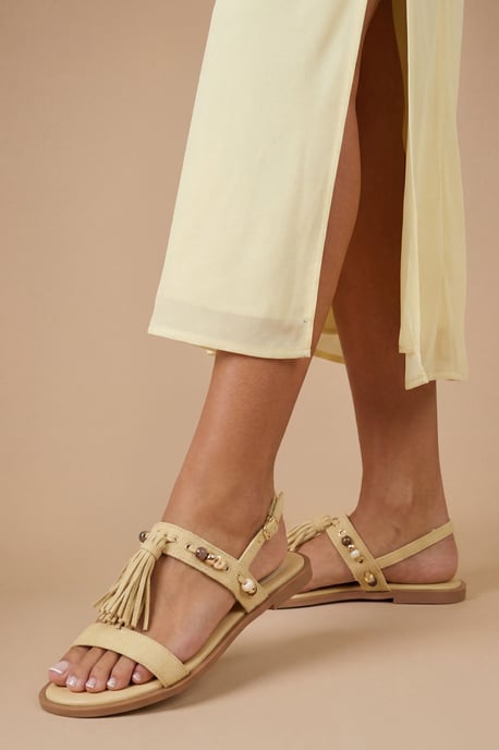 Tabi Faux Sued Tassel Trim Flat Sandals - Image 1