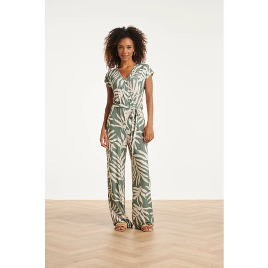 Smashed Lemon Groene stretch jumpsuit met bladprint en ceintuur | - Image 4