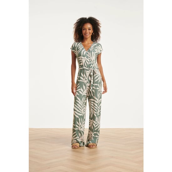 Smashed Lemon Groene stretch jumpsuit met bladprint en ceintuur | - Image 6