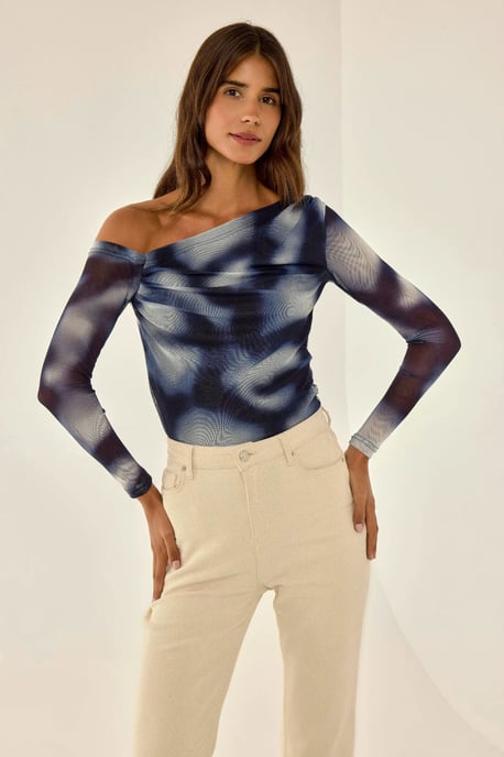 Asymmetrical Collar Tulle Blouse - Image 2