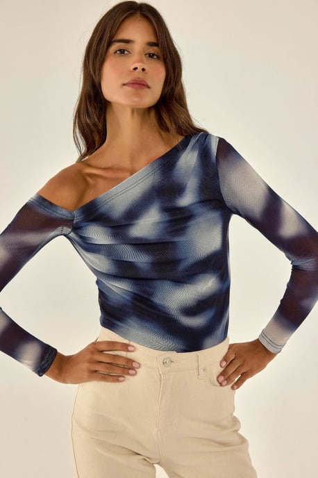 Asymmetrical Collar Tulle Blouse - Image 3