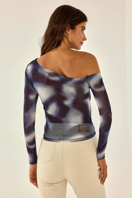 Asymmetrical Collar Tulle Blouse - Image 4