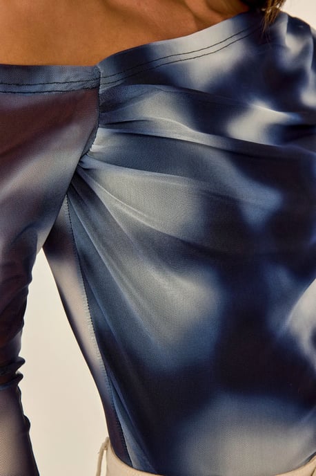 Asymmetrical Collar Tulle Blouse - Image 5