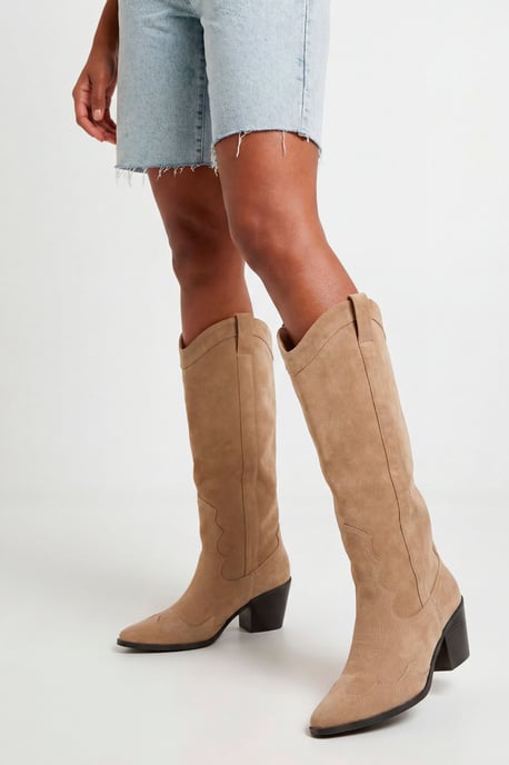 Wide Fit Knee High Heeled Faux Suede Western Cowboy Boots - Image 1
