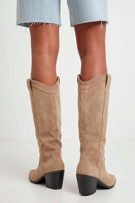 Wide Fit Knee High Heeled Faux Suede Western Cowboy Boots - Image 2