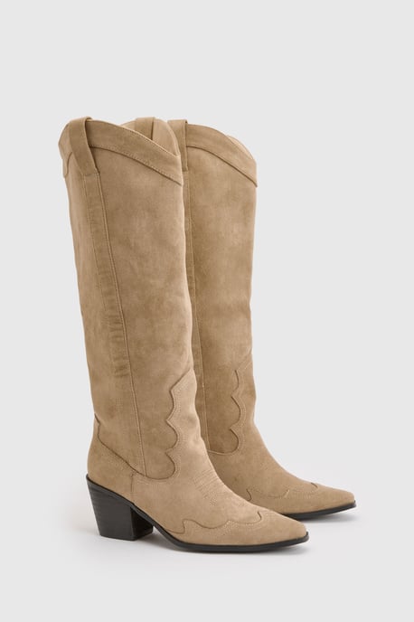 Wide Fit Knee High Heeled Faux Suede Western Cowboy Boots - Image 3