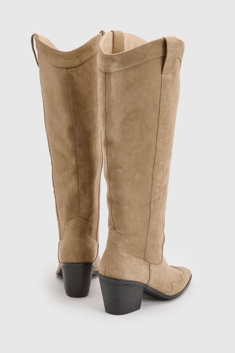 Wide Fit Knee High Heeled Faux Suede Western Cowboy Boots - Image 4