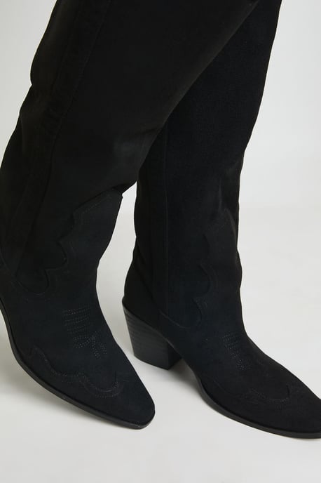 Wide Fit Knee High Heeled Faux Suede Western Cowboy Boots - Image 2