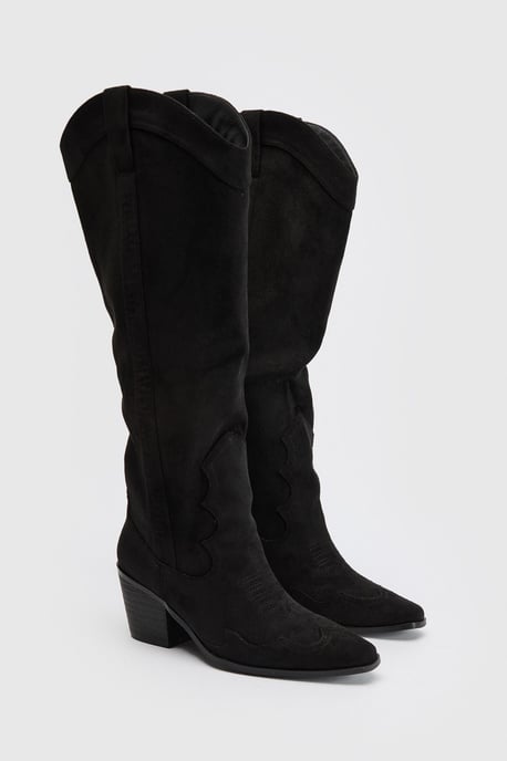 Wide Fit Knee High Heeled Faux Suede Western Cowboy Boots - Image 3
