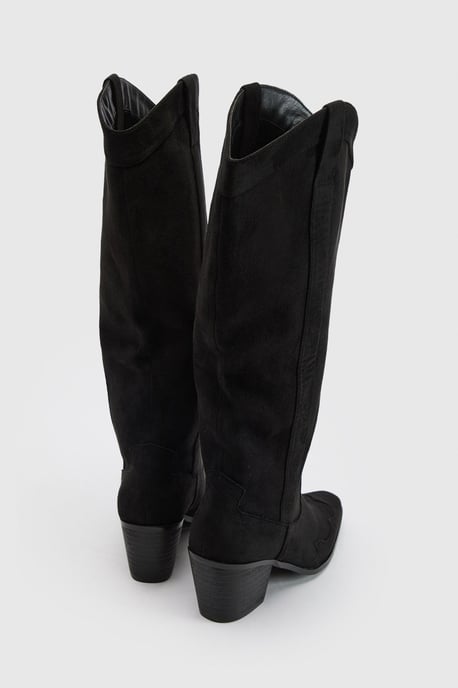 Wide Fit Knee High Heeled Faux Suede Western Cowboy Boots - Image 4